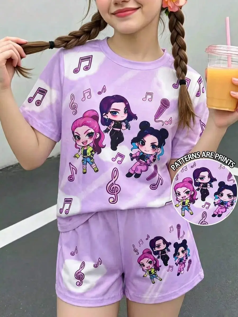 Girls 2 Pack Summer Outfit Sets Cartoon Graphic Short Sleeve T-Shirt and Shorts Set Cute Casual Clothes for Toddler Girls