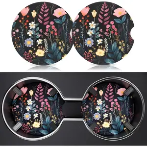 2 Pack Car Cup Holder Coasters, 2.63 Inch Anti Slip Ceramic Absorbent Coaster with Cork Base and Finger Notch, Cute Car Accessories Interior for Women