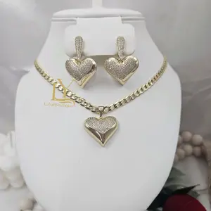 LaYaiBoutique #2416 Heart pendant necklace and earrings set, 14k gold plated, High Quality