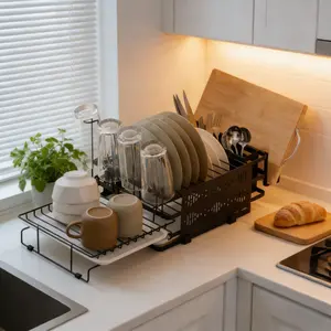 🥣Upgrade your kitchen organization with this space-saving 2-tier extendable dish drainer!Made of durable stainless steel, it includes a waterproof drying tray, utensil organizer and cup holders, can expand to fit more dishes