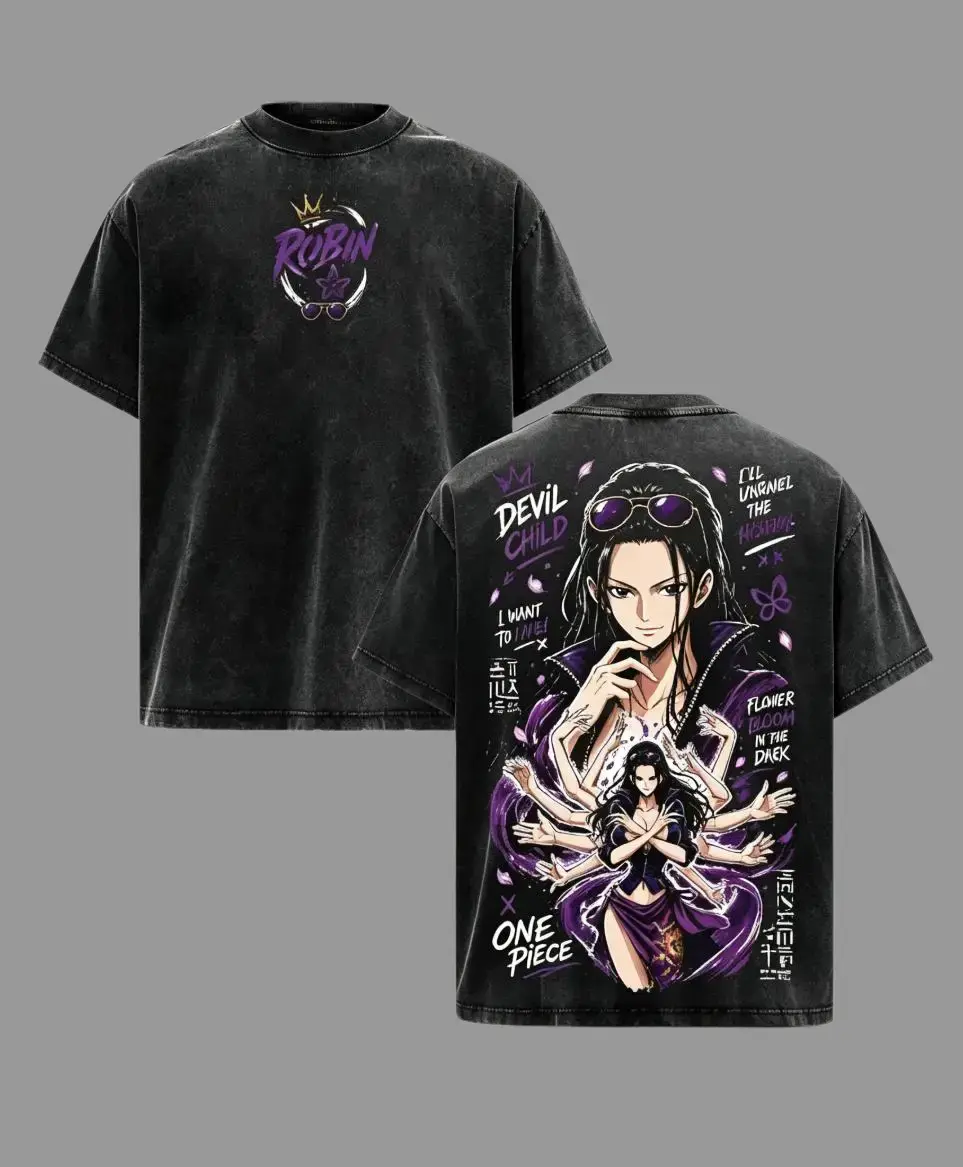 Men's Short-Sleeve Nico Robin Vintage Washed T-Shirt, 1 Piece Anime Graphic Tee, Devil Child Oversized Menswear Top, Unisex Streetwear Shirt for Manga Fans Gift Casual Crewneck Tshirt