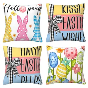 Easter Pillow Cover, Easter Decorative Pillow Cover Blue Pink Buffalo Grid Spring Home Decoration, 4-piece Set with Double sided Printing