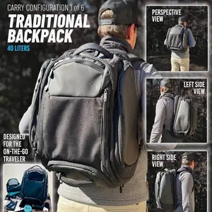 6-in-1 Traveler Backpack – Convertible Carry-On Travel Bag, Expandable 40–55L Storage, Ergonomic Design with Drink Holders & Padded Laptop Pocket, Weather-Resistant Ballistic Nylon, Black