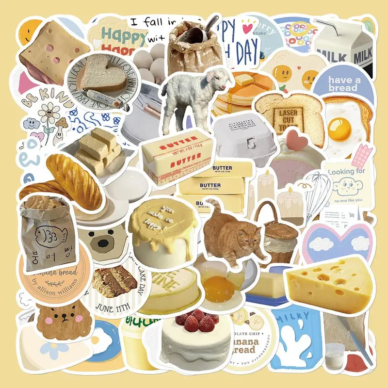 Butter Bread Series Sticker, 63pcs/set Waterproof Decorative Sticker, DIY Decals for Water Bottle, Laptop, Cellphone, Phone Case, Scrapbooking, Journal Making, Accessories