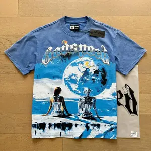 Godspeed Men's Vintage Wash Blue T-Shirt - Washed-Out Black Cotton Tee with Personality Print, Casual Crewneck Short Sleeve Streetwear