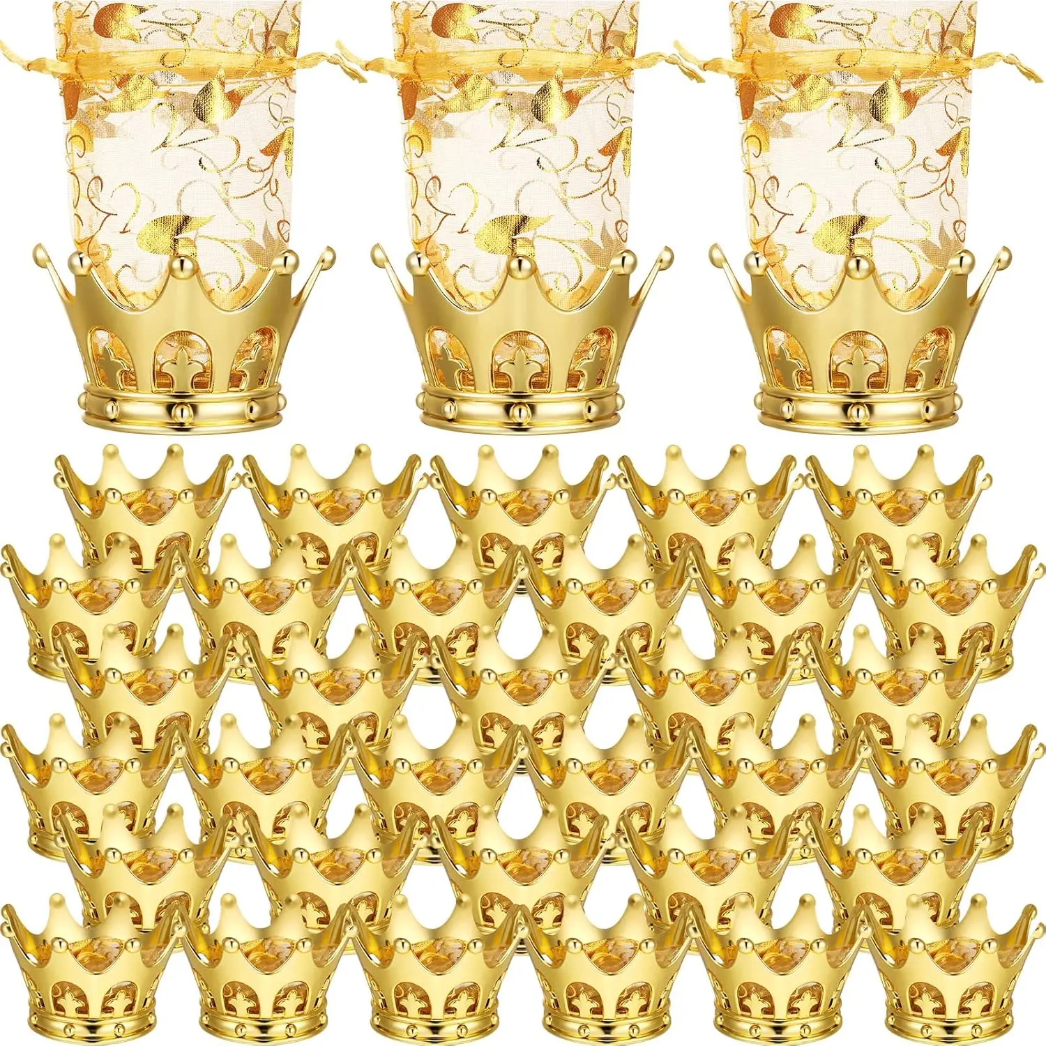 Gold Fillable Crown Goblet with Pouch for Candy Chocolate Cake Dessert Storage Decoration for Wedding Birthday Party(48 Pieces)