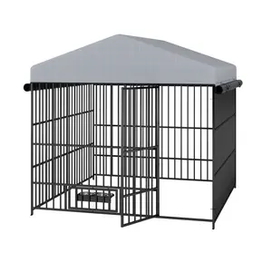 Heavy Duty Outdoor Dog Kennel with Waterproof UV-Resistant Canopy Swivel Feeding Door 2 Stainless Steel Bowls Raised Legs Iron Pet Cage for Large Dogs - Enclosure