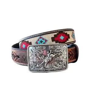 3D Belt Company D120002008 Style Youth Western Waist Belt, Genuine Tan Leather with Aztec Stitching, Silver-Tone Secure Metal Buckle, Trendy Accessory for Boys, Trendy Belt