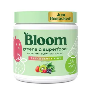 Bloom Nutrition Greens and Superfoods Powder for Digestive Health, Greens Powder, Digestive Enzymes, Probiotics, Spirulina, Chlorella for Bloating & Gut Support, Green Juice, 30 SVG, Strawberry Kiwi
