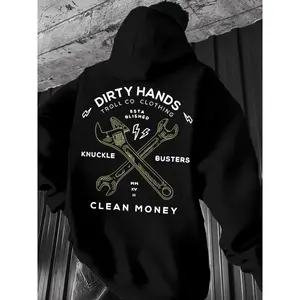 Men's Thickened Hoodie - Mechanical Style Pattern Print Loose Street Sweatshirt, Tool Theme Design (Wrench and Hammer) Suitable for DIY Enthusiasts and Casual Wear, Comfortable Cold-Proof Pullover Graphics Cotton street wear  clothes for men hoodie