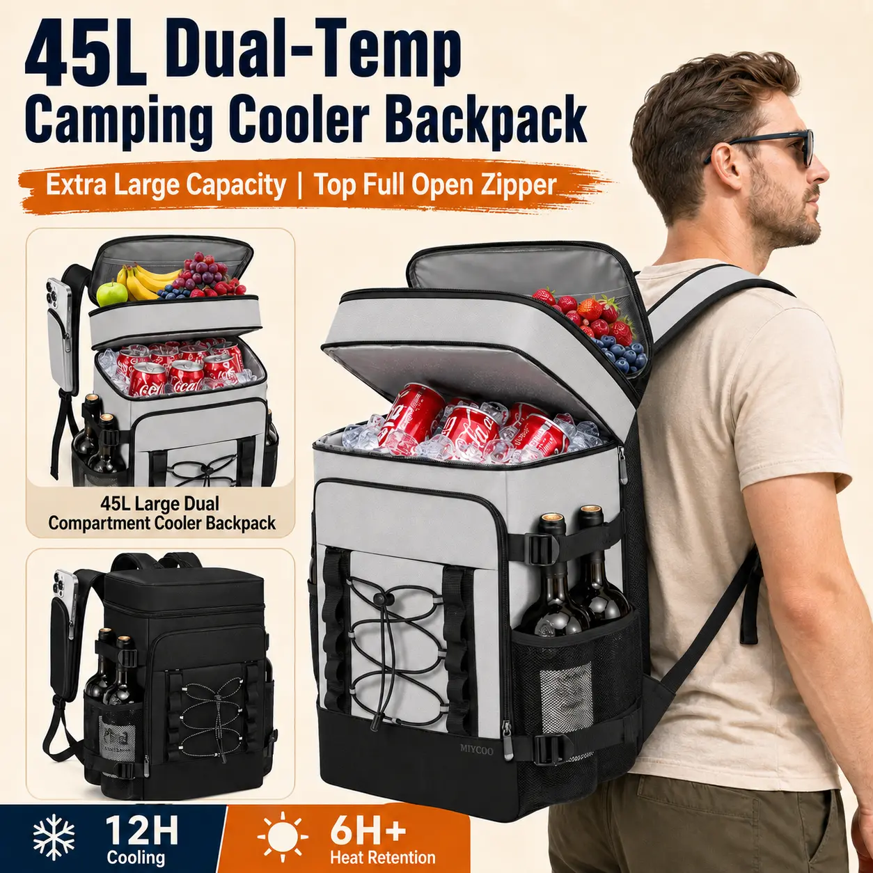SANNYDATING 45L Dual Compartment Cooler Backpack, Dual Temp Zone Insulated Backpack Cooler, 12H Cooling & 6H Heat Retention, 100% Leakproof Food-Grade PEVA Liner, Waterproof Cooler Bag for Camping Hiking Beach Picnic Travel Tailgating Fishing lunch