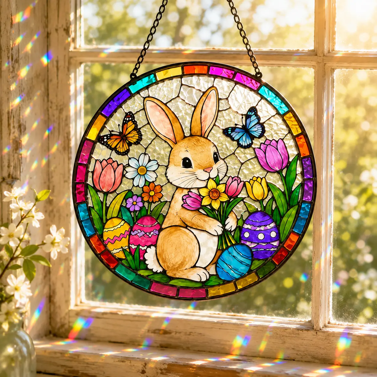 Easter Bunny Stained Glass Window Decor with Butterflies and Easter Eggs for Home Decor