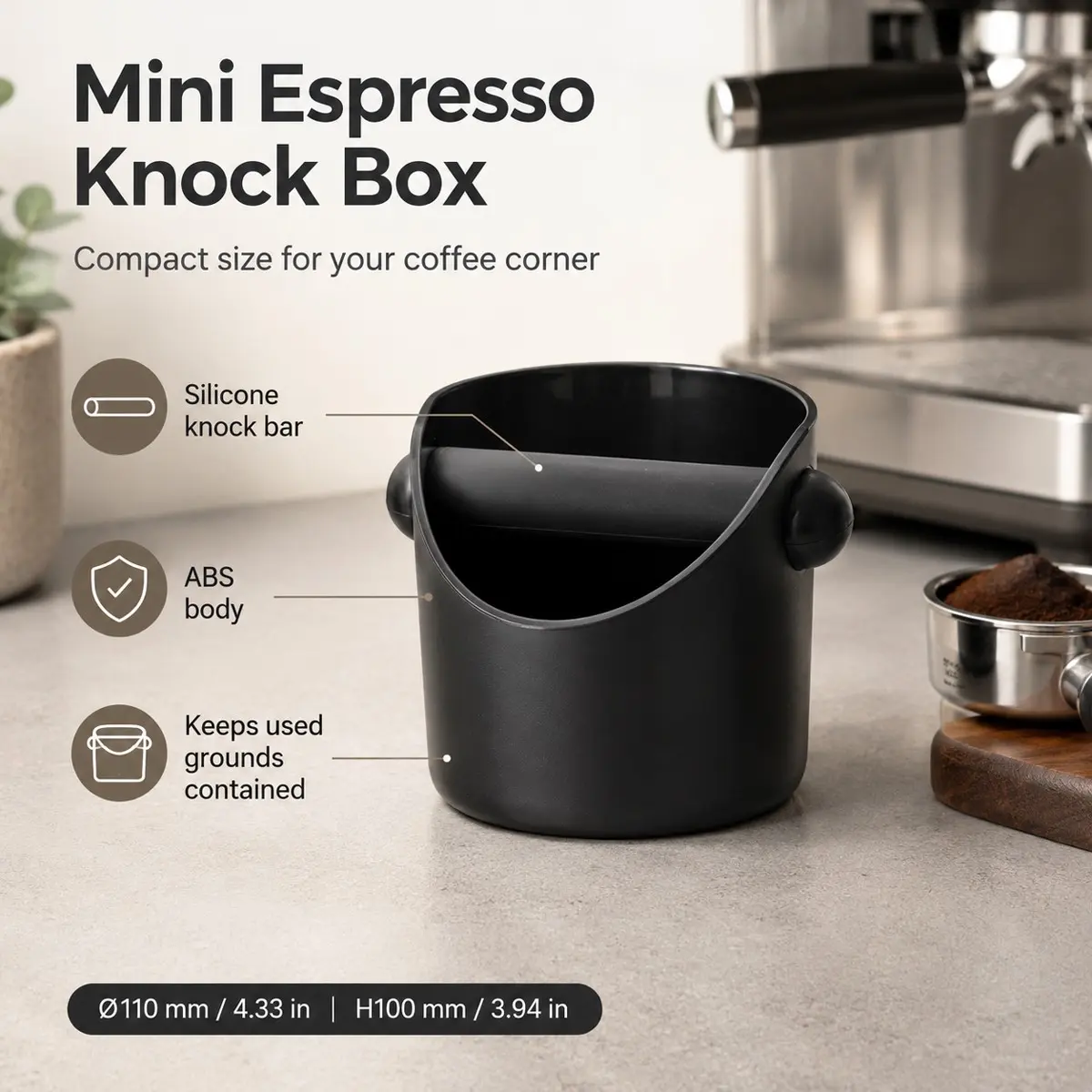 1PCS Mini Coffee Knock Box, Black Espresso Coffee Grounds Bin with Removable Knock Bar, Shock-Absorbent Non-Slip Base, Barista Machine Accessories, Coffee Brewing Accessories, Espresso Tools, Home Coffee Tool, Anti-slip Residue Bucket, Coffee Making Tool