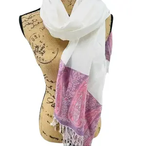 Elegant White Cashmere Pashmina with Light Purple and Pink Paisley Accent Soft and Stylish Scarf
