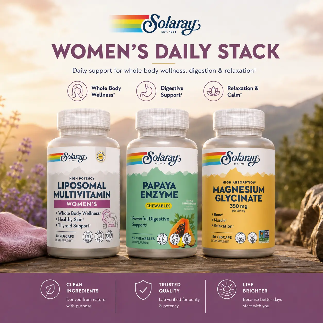 Solaray Women's Daily Stack – Liposomal Multivitamin for Women + Papaya Enzyme + Magnesium Glycinate – Energy, Digestion & Sleep