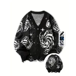 Men's Fashion Knit Cardigan Sweater - Casual V-Neck, Starry Galaxy Pattern, Long Sleeves with Tassel, Machine Washable, Polyester - Ideal Fall/Winter, Cute Sweaters
