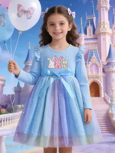 Girls' Blue Gradient Easter Dress with Rabbit Pattern, Bow Waistband, Long Sleeve Sheer Dress, Princess Dress, Perfect for Gifts and Daily Wear
