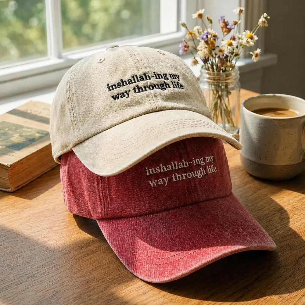 Unstructured Cotton Baseball Cap, Casual "Inshallah" Graphic Slogan Dad Hat in Pigment Dyed Twill with Adjustable Buckle, Curved Visor, 6 Panels