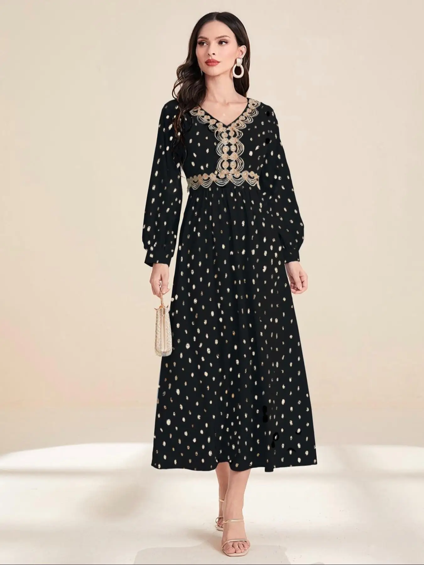 Women's Polka Dot Print Long Sleeve Dress, Elegant Round Neck Dress for Vacation Holiday Wedding Guest, Ladies Clothes for All Seasons
