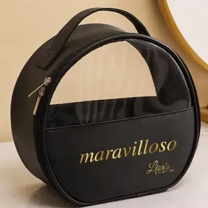 Maravilloso Liza’s Luxury Makeup Bag - Black Round Design with Gold Lettering and Zipper Closure