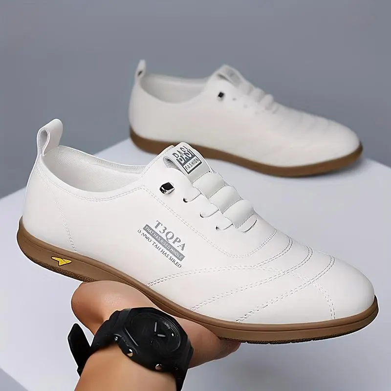 TROPA Minimalist White Lace-Up Casual Sneakers w/ Brown Sole & Letter Decor Trendy Urban Style Comfortable Everyday Wear for Boy Footwear