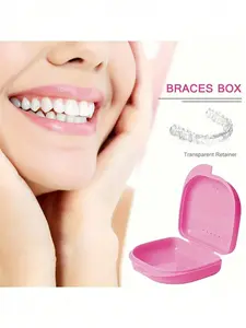 Artistic heart A-Z letter printed pink braces storage box. Breathable portable case for retainers, dentures and dental accessories. Suitable for home, office and dormitory use.