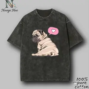 Pug with Heart Speech Bubble Cartoon Graphic – Vintage Washed Oversized 100% Pure Cotton T-Shirt, Unisex Streetwear Shirt Gift for Pug & Love Meme Fans