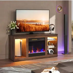 Modern Electric Fireplace TV Stand for TVs up to 55", with LED and Glass Shelves, Walnut