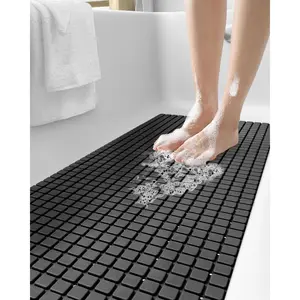 Bath Tub Shower Mat Non-Slip 16 x 39 Extra Long Bathtub Mats, Suction Cups, Drain Holes, Machine Washable Bathroom Mat, Black