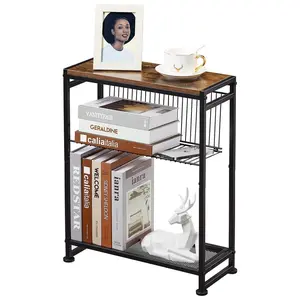 Small Side Table for Small Spaces - Slim End Table with Magazine Holder - 2 in 1 Design Narrow End Table Living Room - Skinny Bedside Table Nightstand Bedroom Thin Side Table, Rustic Brown