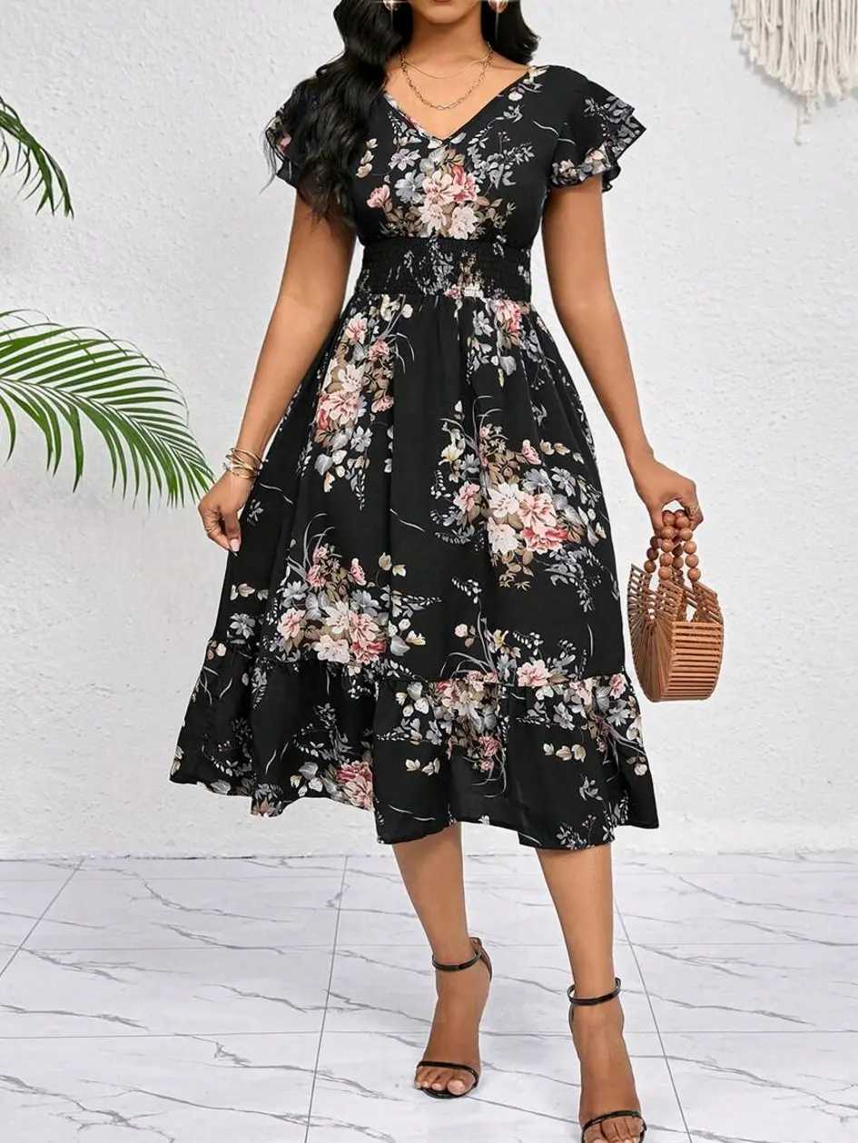 Lady 2025 New Burgundy Women's V-Neck Ruffle Sleeve Waist Cinched Mid-Length Casual Dress, Summer Lady 2025 New Burgundy Women's V-Neck Ruffle Sleeve Waist Cinched Mid-Length Casual Dress, Summer
