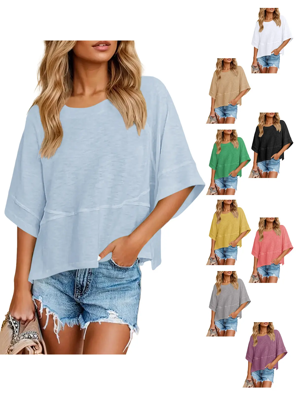 Women's 3/4 Sleeve Crewneck Batwing T-Shirts - Comfortable, Breathable, Solid Color, Loose Fit, Flowy Cute Tops for Women, Basic Shirts