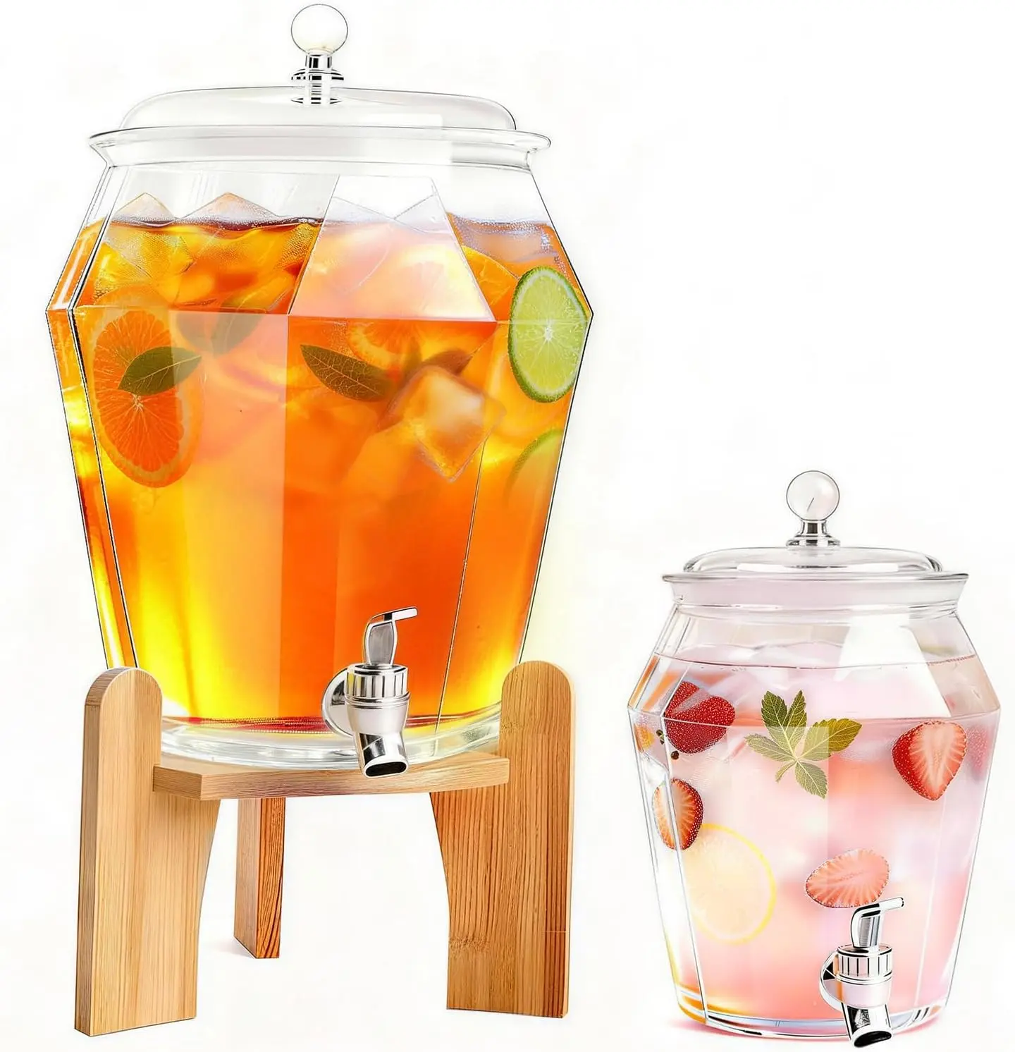 2-Piece Shatterproof Plastic Drink Dispenser Set - 1.85Gal & 0.69Gal (2.5Gal Total) with Wood Stand, Leak-Proof Spigot for Juice, Tea, Mimosa Bar Hosting (Kitchen Drinkware)