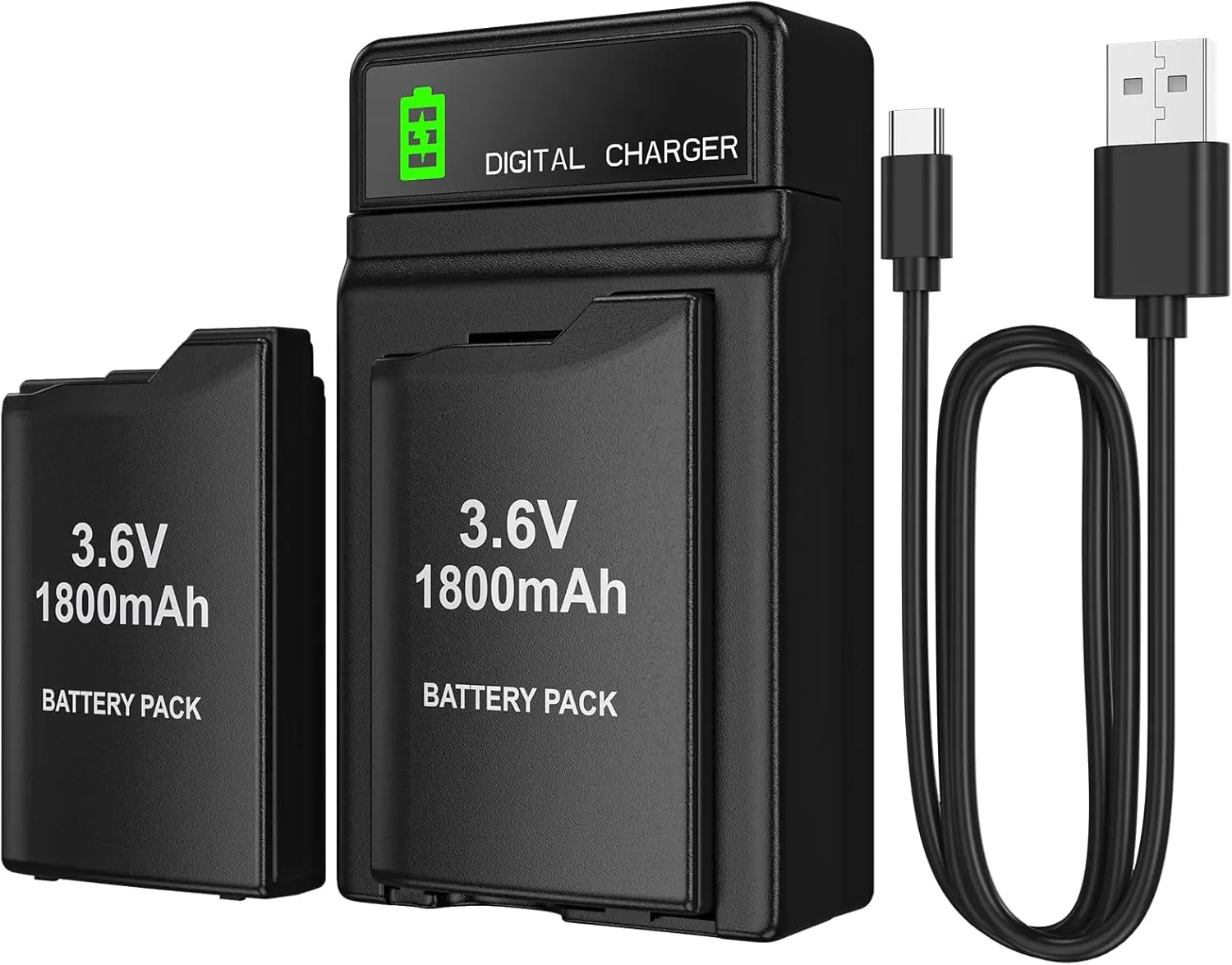 RUNTOGOL Fast Charge Replacement Battery & Charger Kit - 2Pcs 1800mAh 3.6V Lithium Poly Rechargeable Batteries, LED Station for Multiple PSP Models: 1000/1001, PSP-110, Fat Console, Multiple Psps
