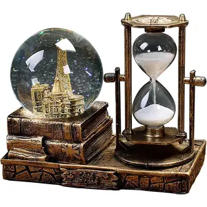 LED Music Snow Globe with Hourglass  Castle Paris Eiffel Tower Home Decoration for Living Room Bedroom Book Shelf TV Cabinet Desk Table Top Decor Centerpieces Ornaments (B - Brass)
