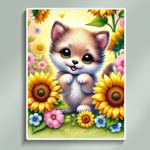 Cartoon Cute Cat Diamond Painting Set Full Round Diamond Art Set Sunflower Flower Gem Art Home Wall Decoration 30x40cm/11.81x15.75inch