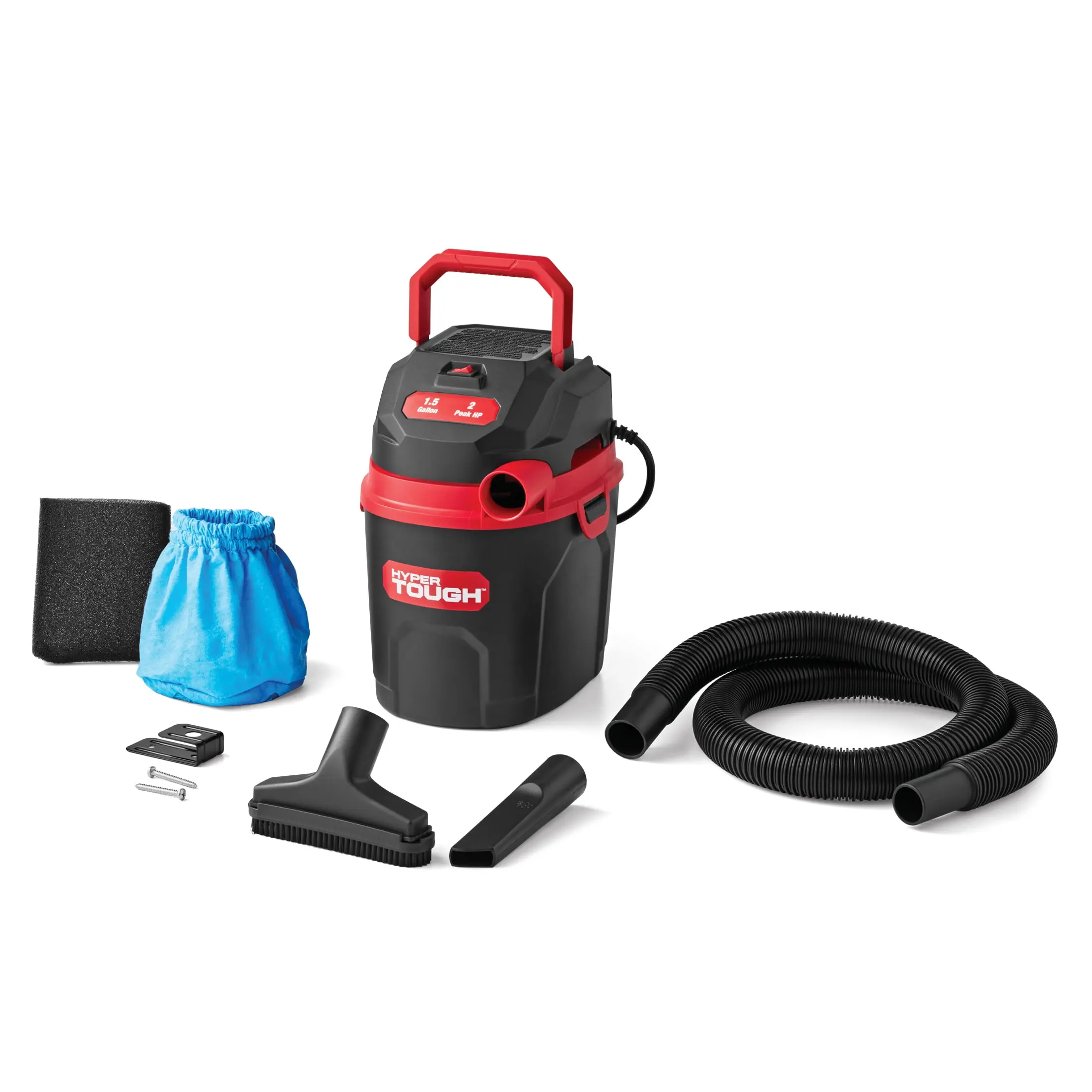 Hyper Tough VH1053502 1.5 gal, 2 HP, Corded Electric, Foam, Cloth Wet/Dry Vacuum Cleaner for Concrete, Carpet, Hardwood, Wood 10 ft Hose, Black with Lightweight, Handheld