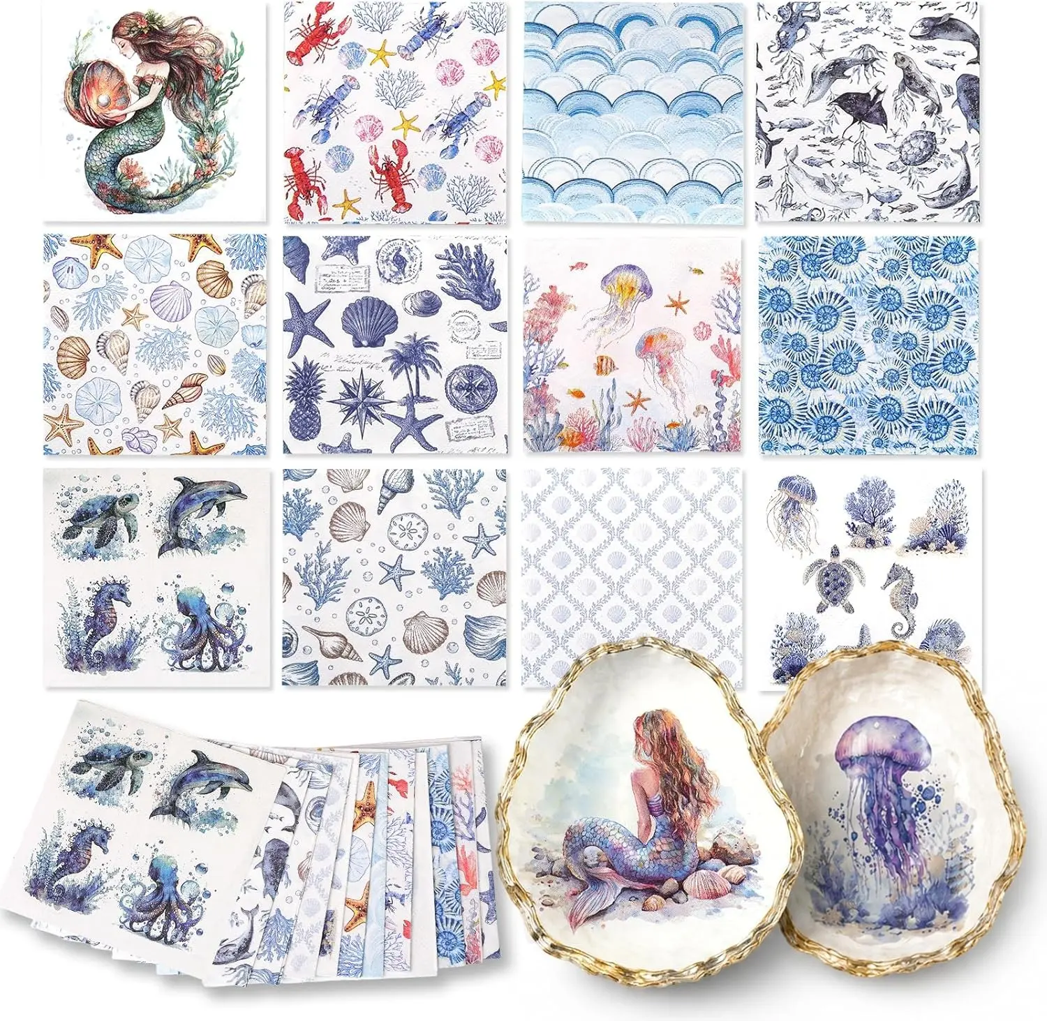 60pcs Coastal Napkins, 12 Designs, 5" x 5" 3-Ply Cocktail Napkins for Decoupage DIY Crafts, Summer Beach and Nautical Ocean Party Decor
