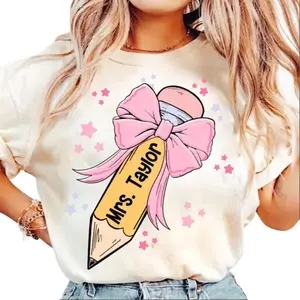 Coquette Teacher, Teacher Pencil Coquette Bow, Teaching Love Inspire, Back To School, Teacher Appreciation Gift Round Neck Cotton Fabric Top