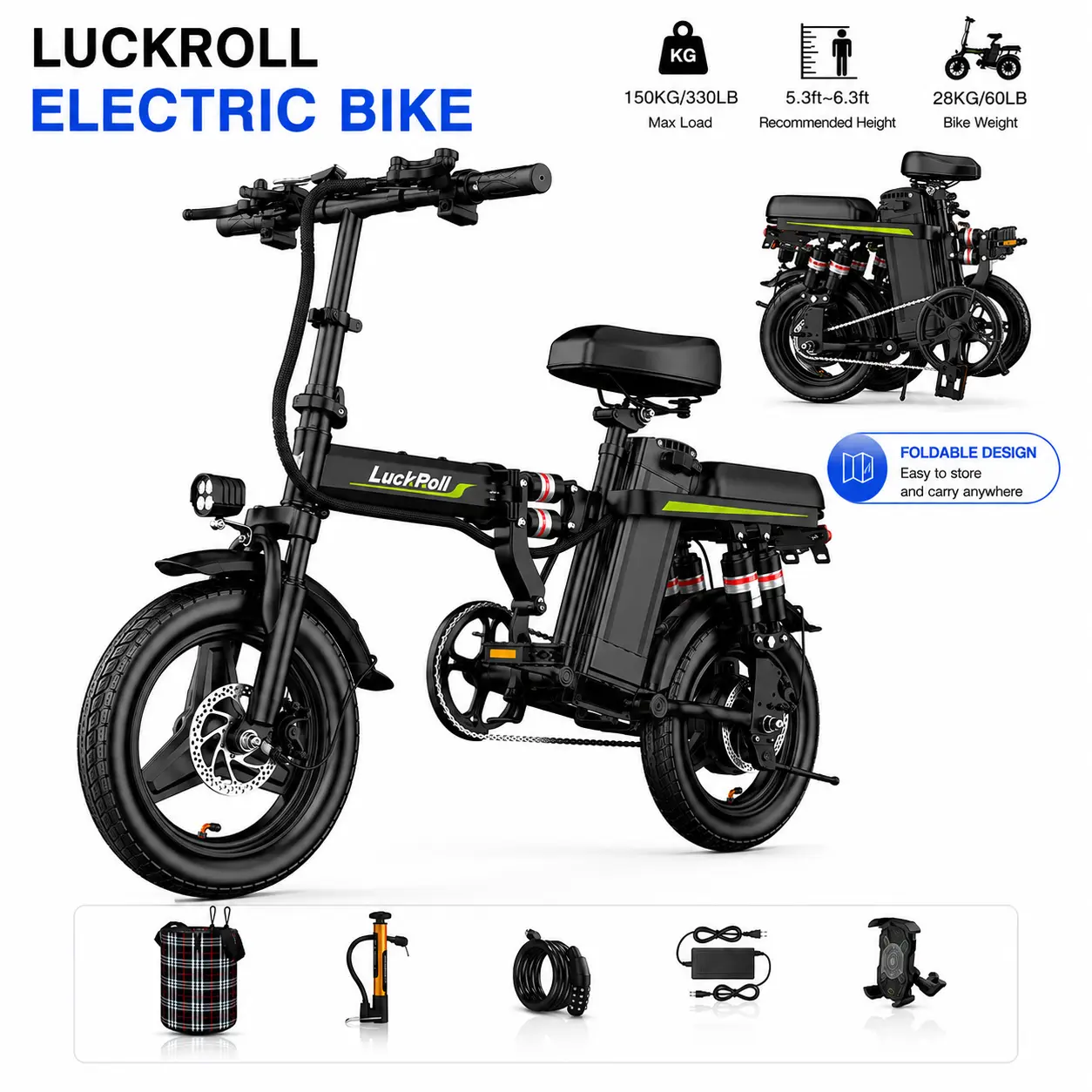 Foldable Electric Bike for Adults, 2000W/1000W Peak Power, 40/28MPH, 52V 25Ah & 48V 13Ah Battery, 50–80 Mile Range, Dual Disc Brakes, UL2849 Certified, Youth