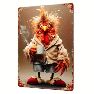 Vintage Metal Tin Sign Plaque 12x8 Inch - Quirky Chicken with Coffee Art Wall Decor, Retro Wall Hanging for Home, Room, Cafe, Bar, Restaurant Decoration, Multipurpose, No Electricity Needed, 1count