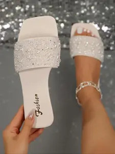 Women's Glitter Rhinestone Decorated Slides, Soft Bottom Sandals, Sparkly Party Shoes, Casual Comfortable Flat Glitter Strappy Sandals for Beach, Daily Wear, Summer Elegant Sandal, Classy Sandal, Cream Footwear, Fashionable Rhinestone Sandals