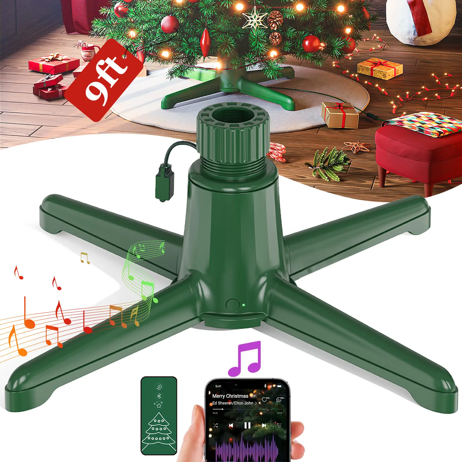 [Springlift] Musical Rotating Christmas Tree Stand – Fits 1.25–2" Tree Poles, 800W, Supports up to 9ft / 120lb Tree, Built-in Bluetooth Speaker, with Remote