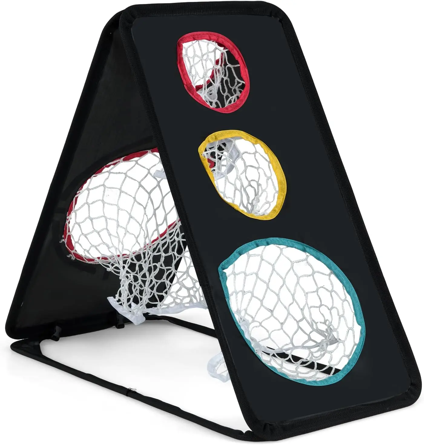 Vallmore Dual-Sided Golf Chipping Net, Triple Target Training System with 5 Precision Holes, Reinforced Triangular Frame, Tool-Free Setup for Indoor Outdoor Short Game Practice (Black)