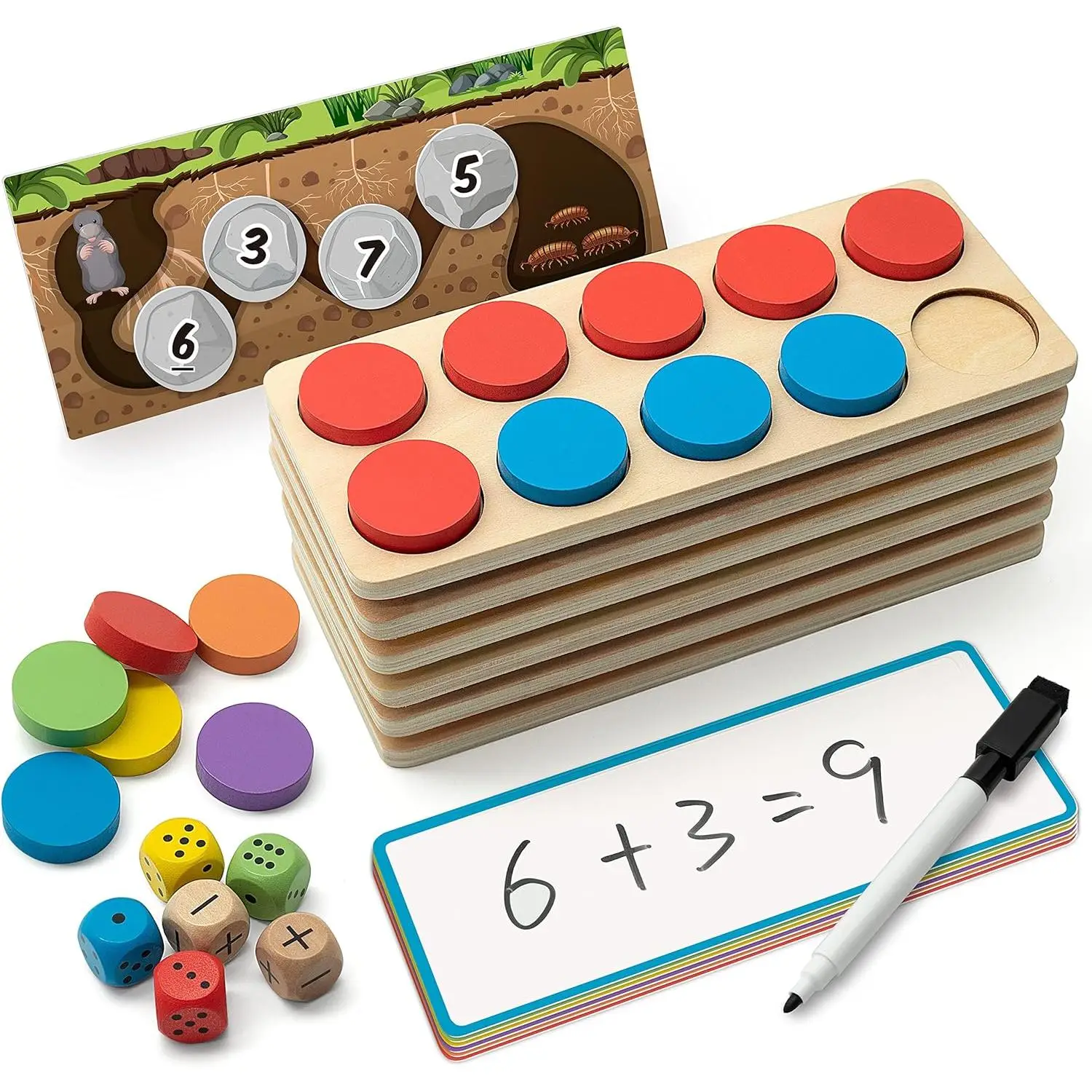SYNARRY Wooden Ten-Frame Set Math Manipulatives for Kindergarten Elementary 1st 2nd Grade Homeschooling, Addition and Subtraction Montessori Math Game