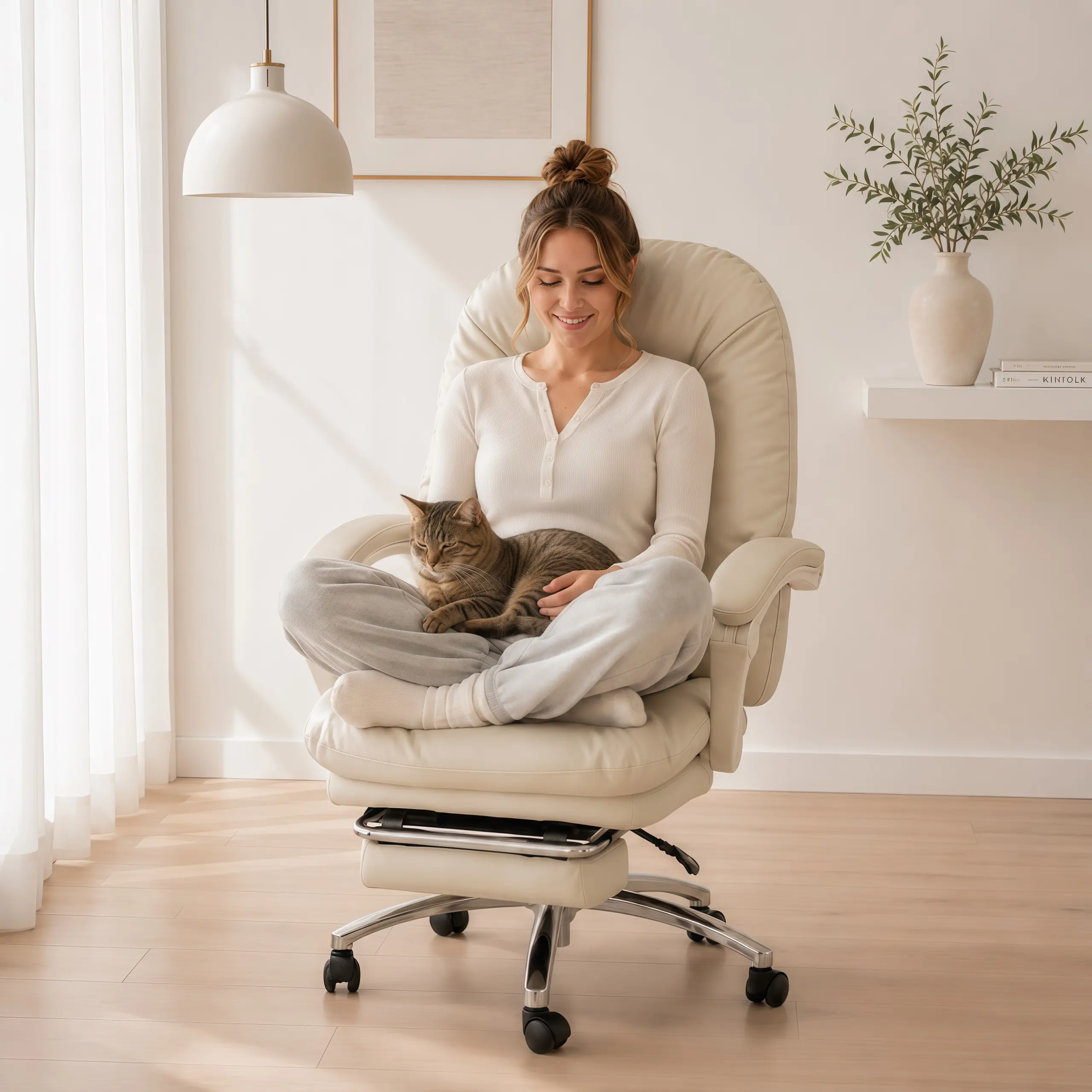 Summervibes EMIAH C586 Adjustable Home Office chair & gaming chair - PU Leather Mid Back Desk Chair with Footrest, Criss Cross Base, Wheels, Lumbar Support for Home Office