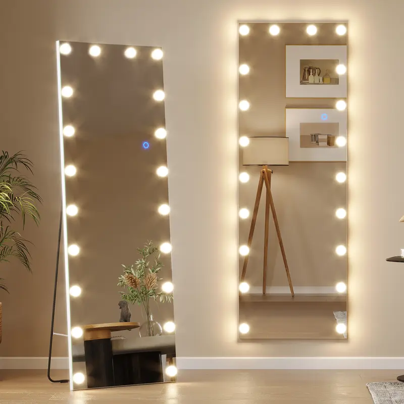 Vlsrka Aluminium 61"x20" LED Hollywood Full-Length Mirror - Cool, Warm, Natural Dimmable Adjustable Brightness Led Lights, Free-Standing, Wall-Mount, Door-Hanging, Bedroom Living Room Decoration for Compact Spaces