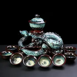 9-Piece Handmade Craft Chinese Gongfu Ceramic Tea Set - Semi-Automatic Dragon-Shaped Teapot with Infuser, 8 Cups, Rotatable Bowl for Loose Leaf Tea, 9 Pieces
