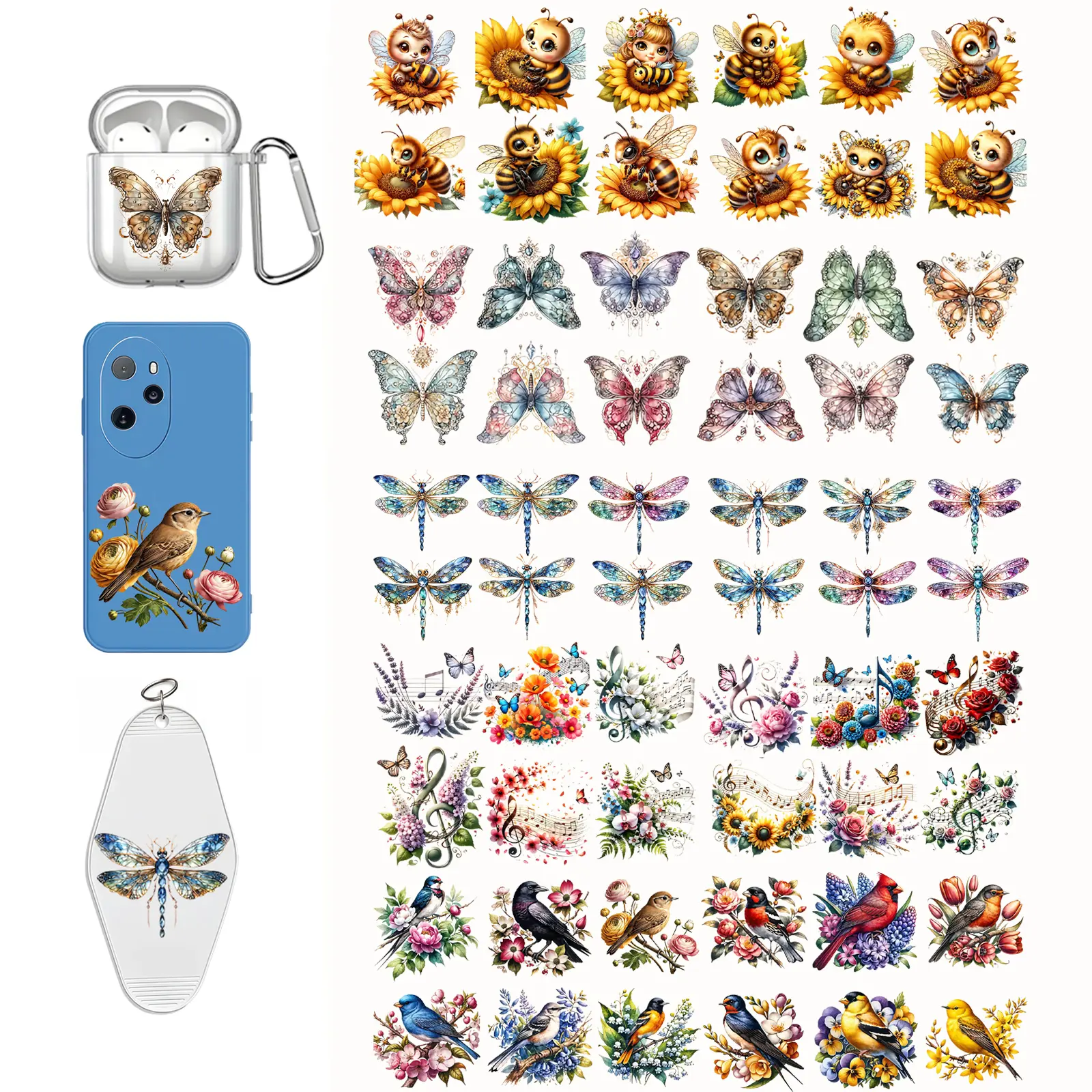 60pcs Mixed Styles UV DTF Cup Wraps & Iron-On Sticker Set - 5 Bright Colors (Bee Sunflower, Vintage Butterfly Rose, Glitter Dragonfly, Hummingbird Floral, Music Notes Flower) - Waterproof Rub-On Crafts Cup Stickers for Glassware Enthusiasts, DIY Projects