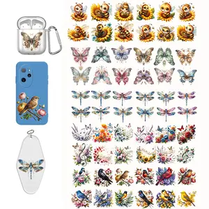 60pcs Mixed Styles UV DTF Cup Wraps and Iron On Transfers: 5 Designs Include Cute Bee Sunflower, Vintage Butterfly Floral Rose, Glitter Jewelry Dragonfly, Hummingbird Floral Bird, and Music Notes Flower - Waterproof Rub on Transfer Stickers for DIY Craft.